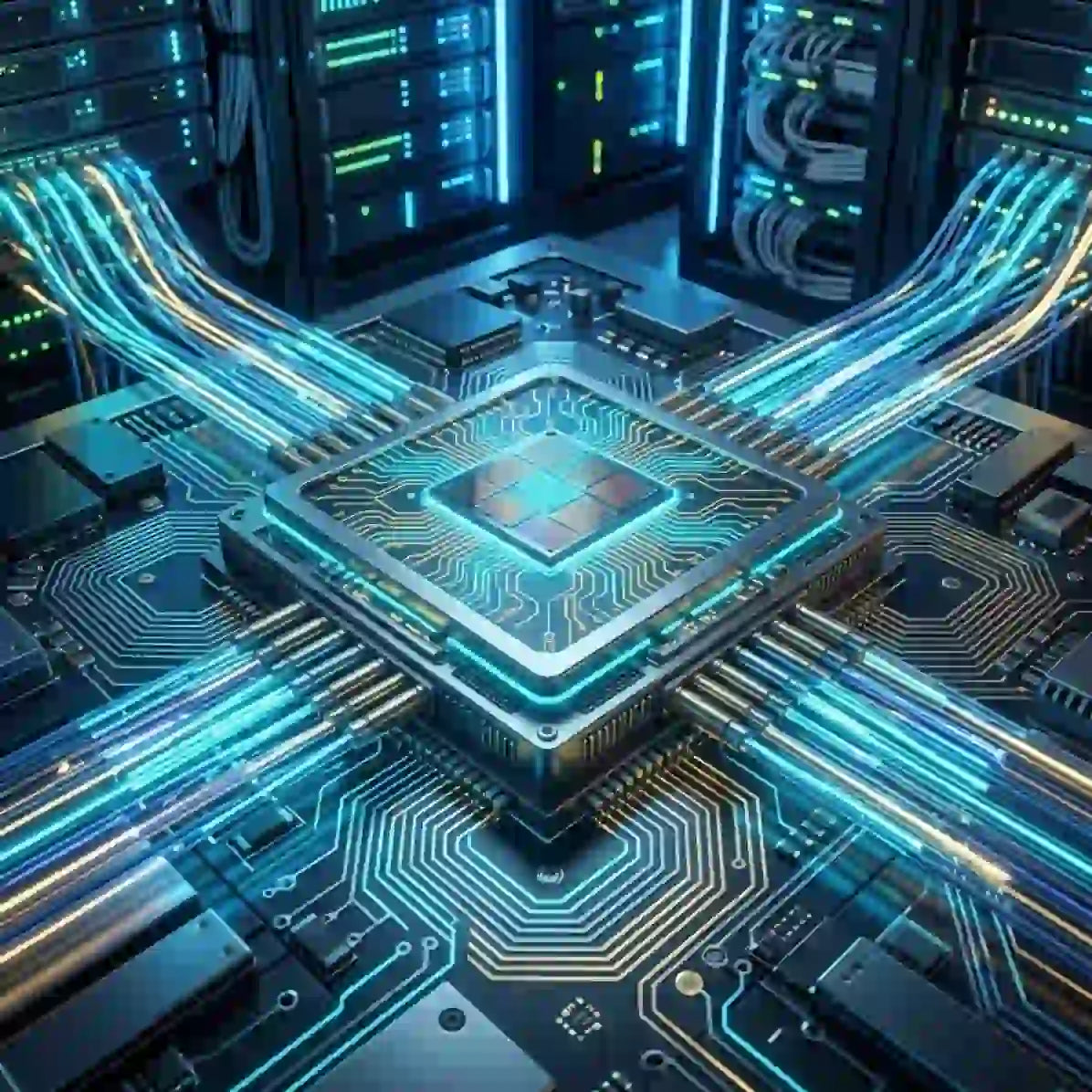 Qualcomm Amazon AI inference chips co-development represented in futuristic circuit board design.